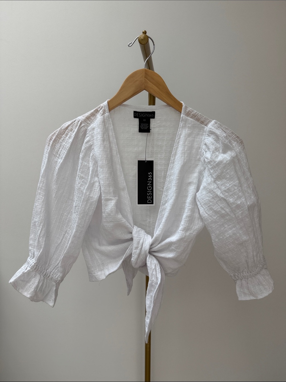 White Tie-Front Puff Sleeve Top XS 100% Cotton